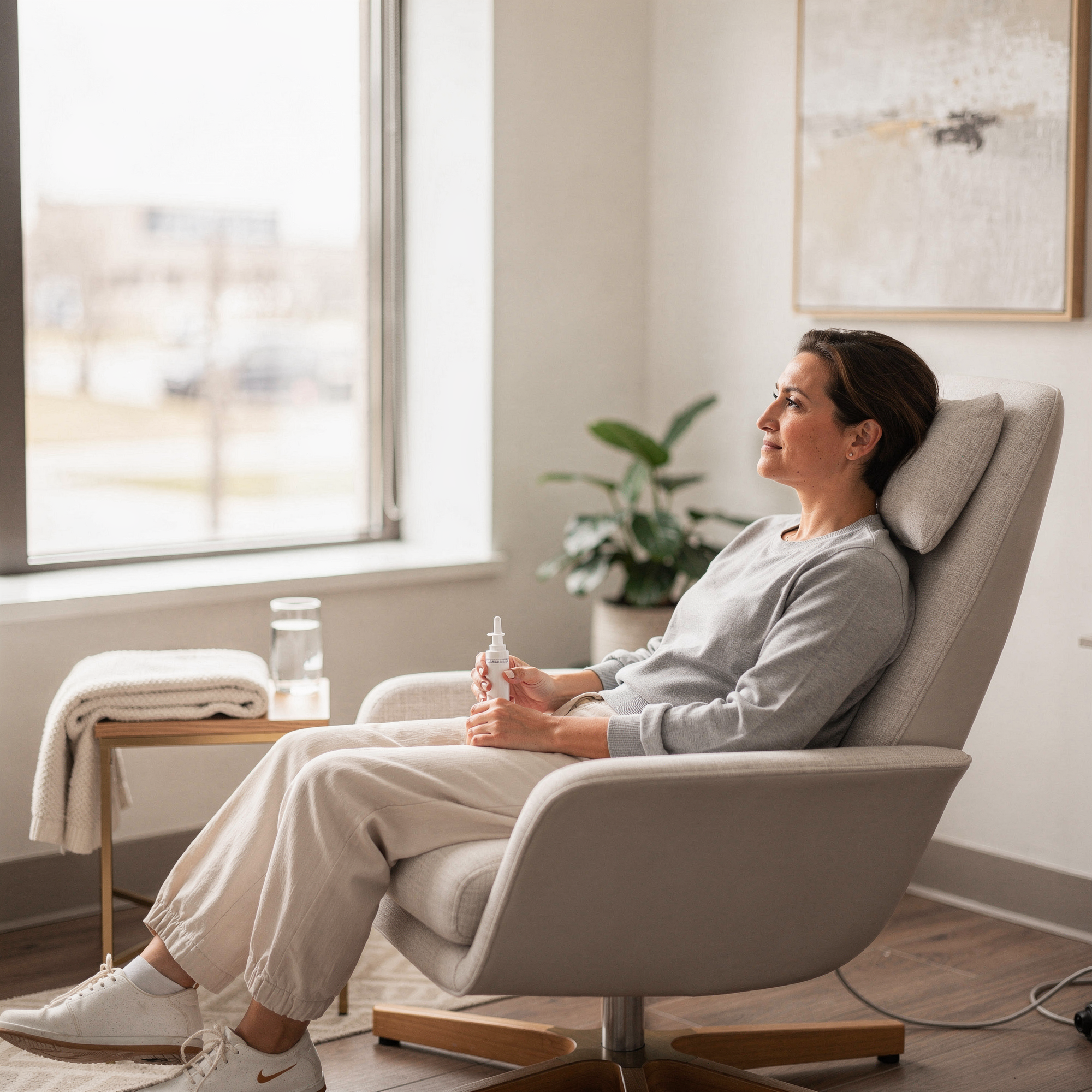 Patient relaxing in a comfortable chair during Spravato treatment at Neowellnez